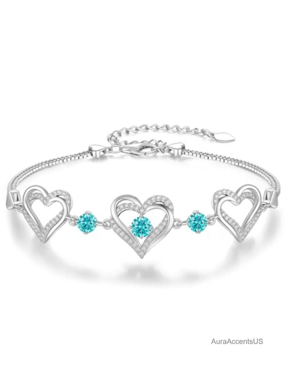 Heart Birthstone Link Charm Bracelet Hypoallergenic Rhodium Plated Brass CZ